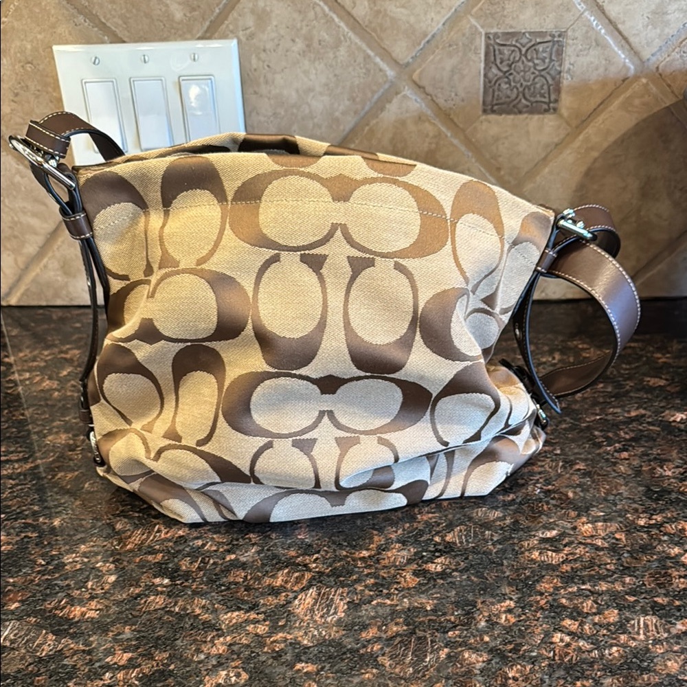 Coach Brown and Cream Shoulder Bag with Signature Design